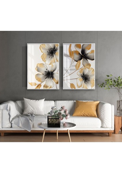 |gold-Gri Çiçekli Desen Kombini 01 |temperli Çerçeveli Cam Tablo 2li Dikey