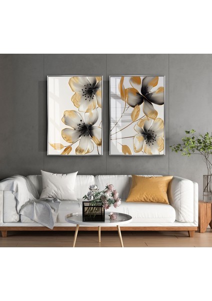 |gold-Gri Çiçekli Desen Kombini 01 |temperli Çerçeveli Cam Tablo 2li Dikey