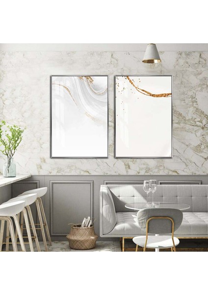 |gold-Beyaz Minimal Soyut Kombini |temperli Çerçeveli Cam Tablo 2li Dikey