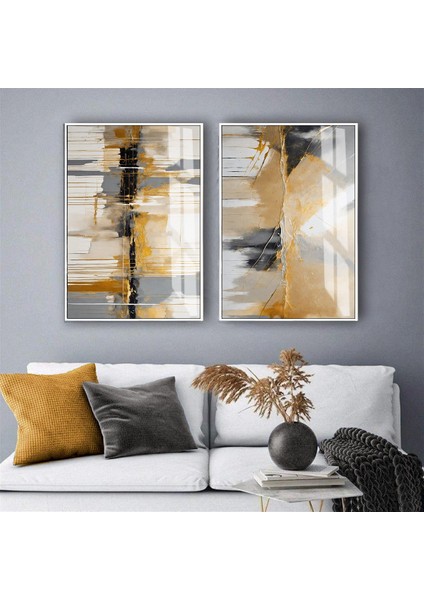 |gold-Gri Soyut Kombini Iı |temperli Çerçeveli Cam Tablo 2li Dikey