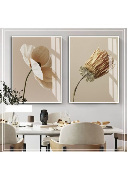 |bej Renk Çiçek Kombini Yeni 002 |çerçeveli Cam Tablo 2li Dikey