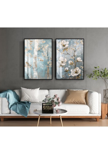 |soft Gold-Mavi-Beyaz Çiçek Ağaç Kombini |temperli Çerçeveli Cam Tablo 2li Dikey