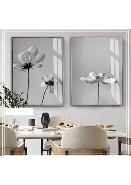 |soft Gri-Beyaz Çiçek Kombini 02 |çerçeveli Cam Tablo 2li Dikey