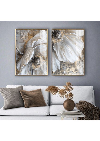 |gri-Krem Çiçek Kombini |temperli Çerçeveli Cam Tablo 2li Dikey