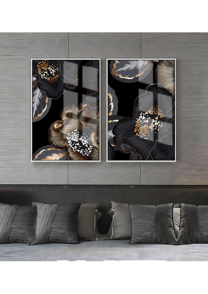 |siyah-Gold Renk Çiçek ve Yaprak Kombini Soyut |çerçeveli Cam Tablo 2li Dikey