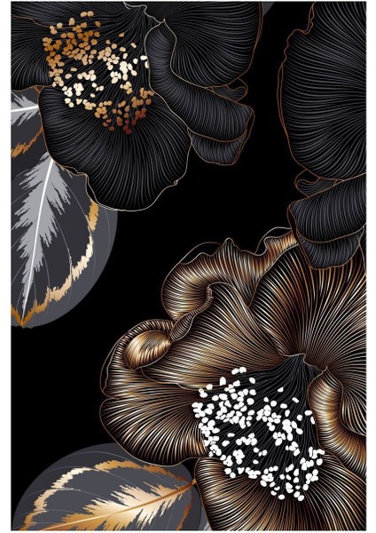 |siyah-Gold Renk Çiçek ve Yaprak Kombini Soyut |çerçeveli Cam Tablo 2li Dikey modelleri