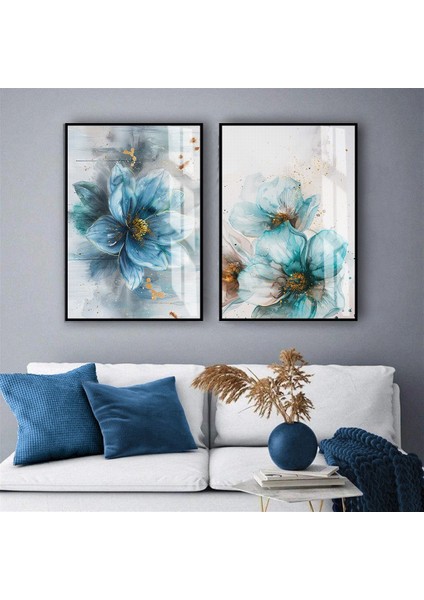 |mavi-Gold Renk Çiçek Kombini|temperli Çerçeveli Cam Tablo 2li Dikey