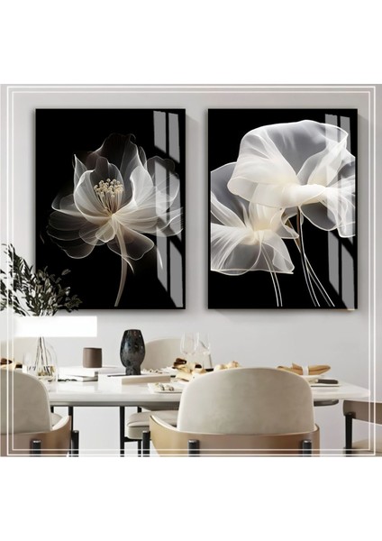 |beyaz Siyah Renk Çiçek Kombini 01 Yeni|çerçeveli Cam Tablo 2li Dikey