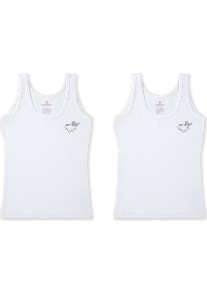 Kız Çocuk Pamuklu Taş Baskı Detaylı Klasik Kalın Askılı Atlet 2'li Paket 4110 Beyaz