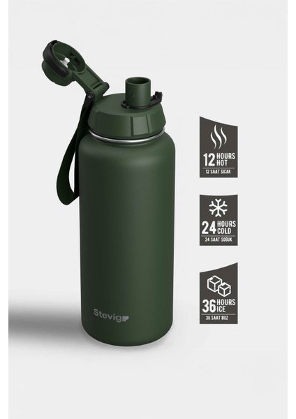 1 Hand Leak-Proof Sızdırmaz Çelik Termos 1000 Ml Green St-215