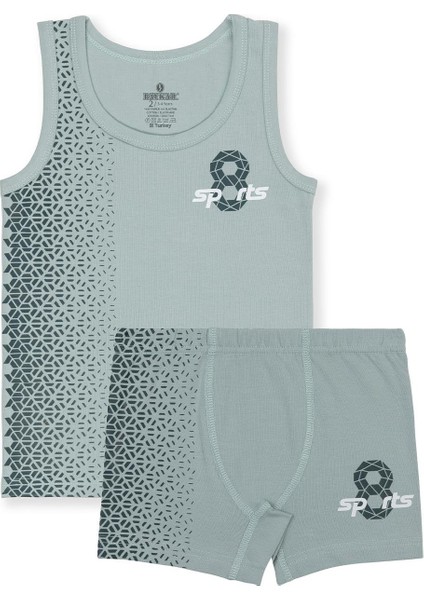 Erkek Çocuk Pamuklu Likralı Bisiklet Yaka Baskılı Klasik Kalın Askılı Atlet Boxer Takım Tekli 2926 Yeşil