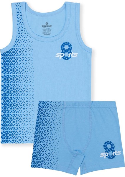 Erkek Çocuk Pamuklu Likralı Bisiklet Yaka Baskılı Klasik Kalın Askılı Atlet Boxer Takım Tekli 2926 Mavi