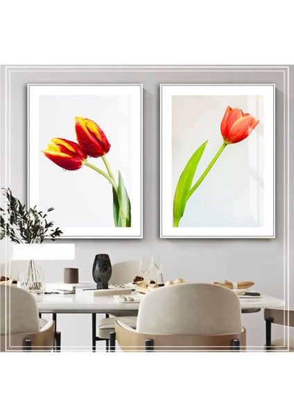 |yeşil-Kırmızı Soft Lale Kombini 01 |çerçeveli Cam Tablo 2li Dikey