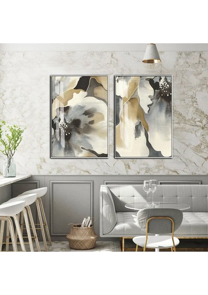 |soft Gold-Gri Soyut Çiçek Kombini 01 |temperli Çerçeveli Cam Tablo 2li Dikey