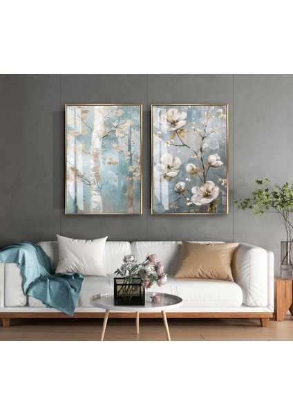 |soft Gold-Mavi-Beyaz Çiçek Ağaç Kombini |temperli Çerçeveli Cam Tablo 2li Dikey