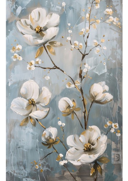 |soft Gold-Mavi-Beyaz Çiçek Ağaç Kombini |temperli Çerçeveli Cam Tablo 2li Dikey modelleri