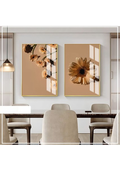 |soft Krem Renk Papatya Çiçeği Kombini Yeni|çerçeveli Cam Tablo 2li Dikey