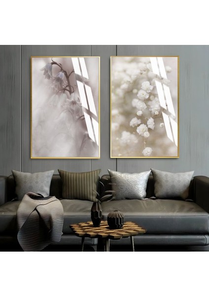 |soft Beyaz Çiçek Modeli Yeni 01 |çerçeveli Cam Tablo 2li Dikey