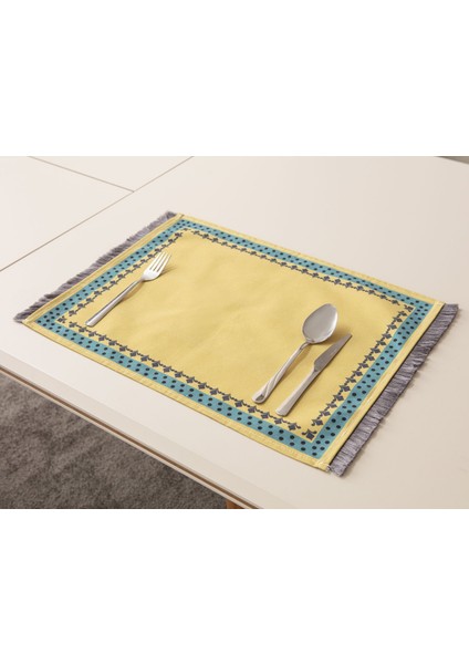 Şerit Püskül Detay Pamuk-Keten Amerikan Servis Hardal- 35 x 50 cm