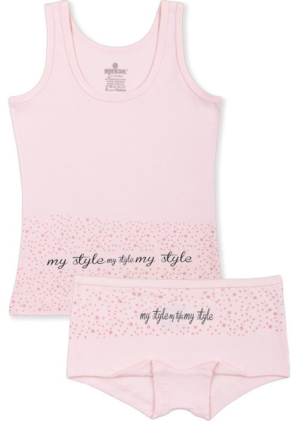 Kız Çocuk Pamuklu Likralı Renkli Yazı Baskılı Klasik Kalın Askılı Atlet Boxer Takım Tekli 4906 Pembe