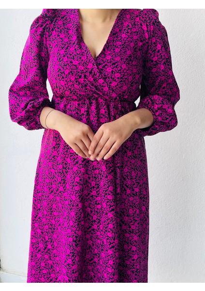 Kadın Kruvaze Uzun Kollu Siyah-Pembe Çiçek Desenli Elbise modelleri