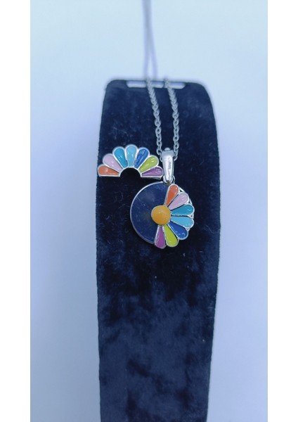 Çok Renkli Çiçek Figürlü Mineli Çelik Kolye - 40 cm + 5 cm Ayarlı