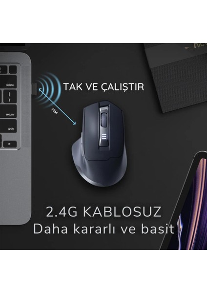 500MAH Bataryalı Şarj Edilebilir Süper Sessiz ve Ergonomik Kablosuz Mouse, 2400DPI Gecikmesiz Mouse