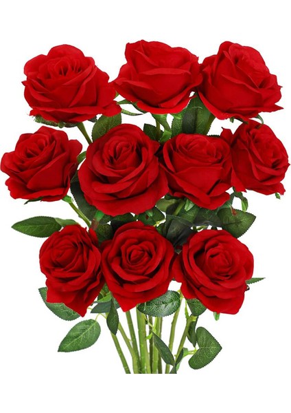 Yapay Gül Çiçek Kırmızı Ipek Güller Kök Çiçek Buketi Düğün Ev Dekorasyonu, 10'lu Paket (Kırmızı) (Yurt Dışından)