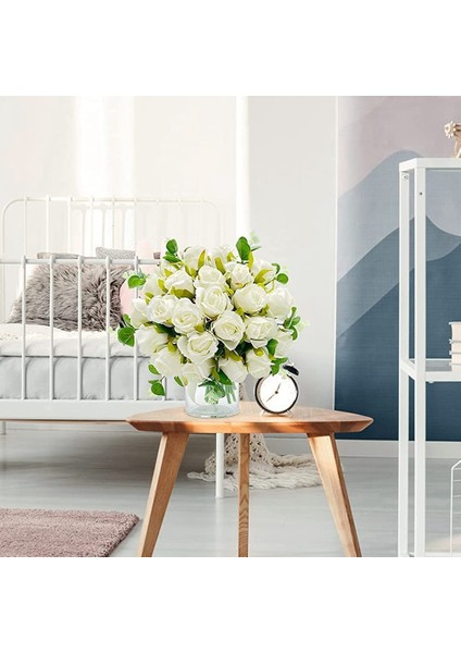 Yapay Çiçekler Gül Buketi 24 Baş ve Okaliptüs Yaprakları Sapları Toplu Çiçekler Düğün (Beyaz) (Yurt Dışından)