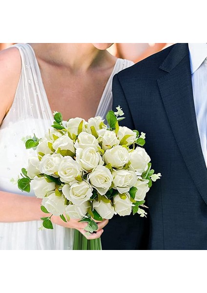 Yapay Çiçekler Gül Buketi 24 Baş ve Okaliptüs Yaprakları Sapları Toplu Çiçekler Düğün (Beyaz) (Yurt Dışından)
