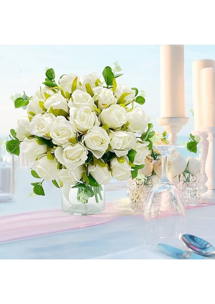 Yapay Çiçekler Gül Buketi 24 Baş ve Okaliptüs Yaprakları Sapları Toplu Çiçekler Düğün (Beyaz) (Yurt Dışından)