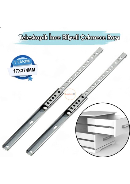 Teleskobik Ince Bilyeli Bilyalı Dolap Çekmece Rayı Sürgüsü Metal En 1.7 cm 17 mm Uzunluk 37.4 cm 374