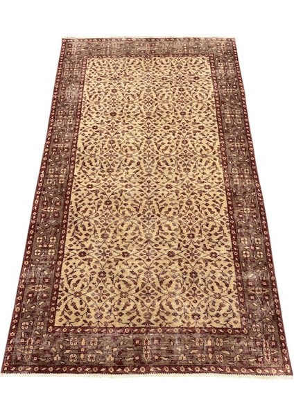 El Dokuması Eskitme Retro Halı 112 x 200 Kahve Bej Vintage Halı