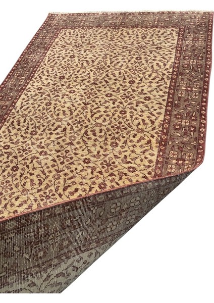 El Dokuması Eskitme Retro Halı 112 x 200 Kahve Bej Vintage Halı
