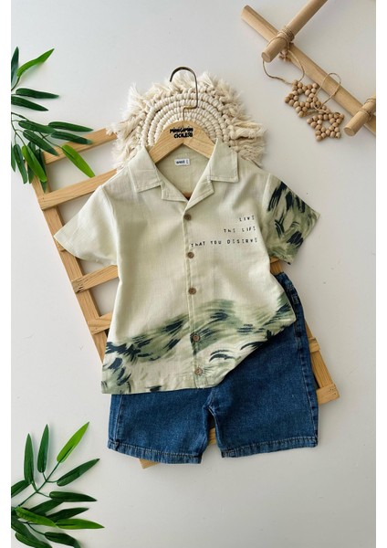 Keten Gömlekli Life The Life Erkek Çocuk Kot şortlu takım - Yeşil
