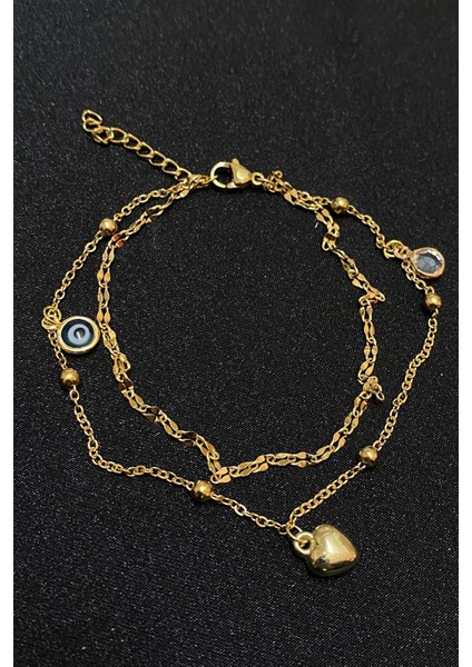 Altın Renk Nazar Göz Kalp Model Singapur ve Top Zincir Çelik Halhal - 3298