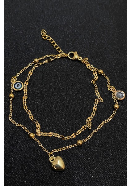 Altın Renk Nazar Göz Kalp Model Singapur ve Top Zincir Çelik Halhal - 3298 fiyatları