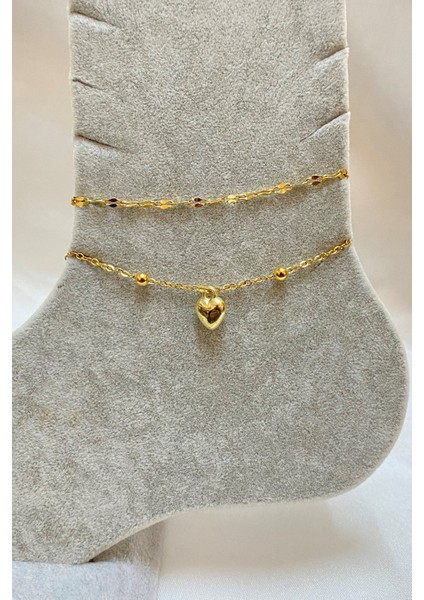 Altın Renk Nazar Göz Kalp Model Singapur ve Top Zincir Çelik Halhal - 3298 modelleri