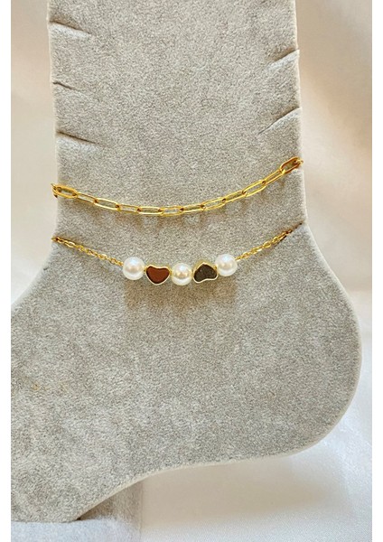 Altın Renk Incili Kalp Model Ezme ve Sf Zincir Çelik Halhal - 3293