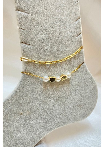 Altın Renk Incili Kalp Model Ezme ve Sf Zincir Çelik Halhal - 3293 fiyatları