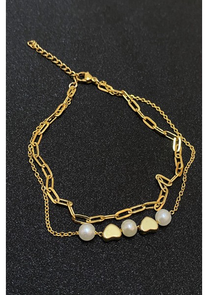 Altın Renk Incili Kalp Model Ezme ve Sf Zincir Çelik Halhal - 3293 modelleri