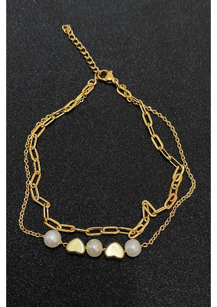 Altın Renk Incili Kalp Model Ezme ve Sf Zincir Çelik Halhal - 3293 fırsatları