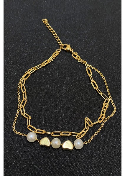 Altın Renk Incili Kalp Model Ezme ve Sf Zincir Çelik Halhal - 3293 indirimleri