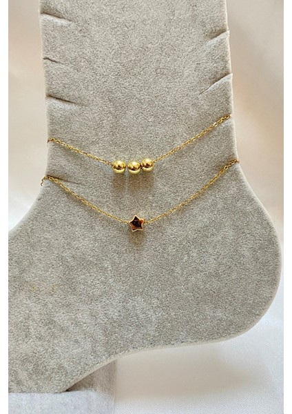 Altın Renk Küre Yıldız Model Sf ve Sf Zincir Çelik Halhal - 3301