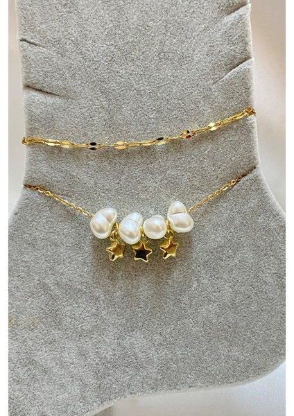 Altın Renk Barok Yıldız Model Singapur ve Sf Zincir Çelik Halhal - 3297