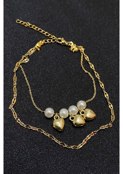 Altın Renk Inci Kalp Model Singapur ve Sf Zincir Çelik Halhal - 3296