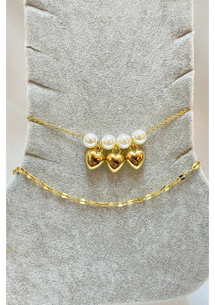 Altın Renk Inci Kalp Model Singapur ve Sf Zincir Çelik Halhal - 3296 fiyatları