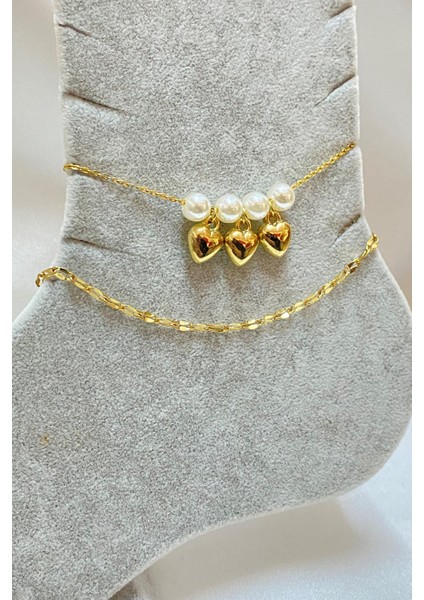 Altın Renk Inci Kalp Model Singapur ve Sf Zincir Çelik Halhal - 3296 modelleri