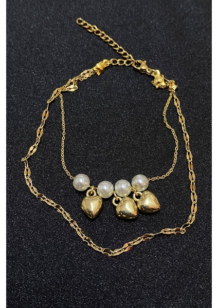 Altın Renk Inci Kalp Model Singapur ve Sf Zincir Çelik Halhal - 3296 fırsatları