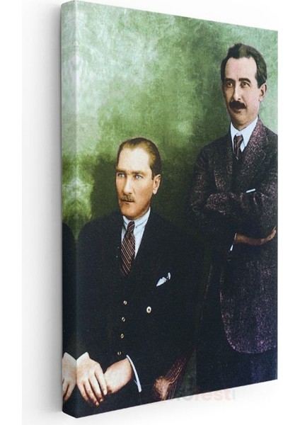 Atatürk ve Inönü - Yeşil Fonlu Tarihi Portre Kanvas Tablo